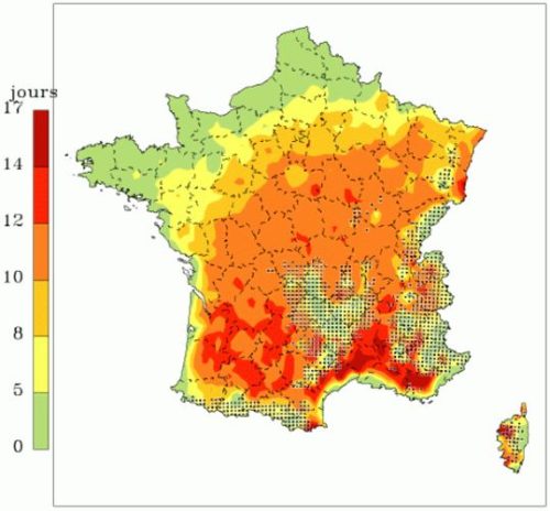 Nombre de jours où la température a dépassé 35 °C (du 1er au 18 août 2003) - © Météo-France 
