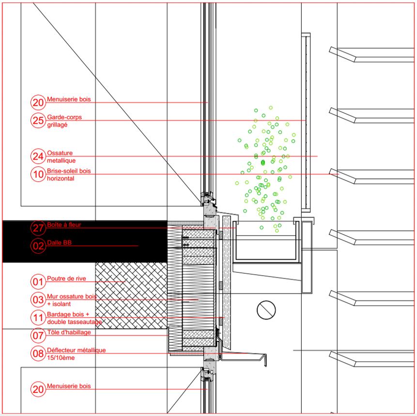 coupe verticale sur la façade, échelle 1/10, crédit DVVD ARCHITECTES